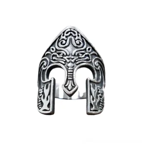 Viking warrior helmet gothic ring front view stainless steel carved tribal patterns