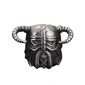 Viking horned warrior helmet gothic ring - polished silver stainless steel front view with intricate carved facial details