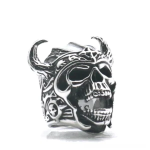 Viking horned skull ring silver stainless steel gothic front right angle view with tribal carved band details