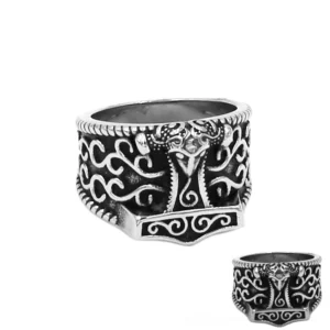 Dark Viking Thor Hammer Gothic Ring with Celtic Knot - Front Three-Quarter View Showing Vintage Silver-Black Finish and Twisted Rope Border
