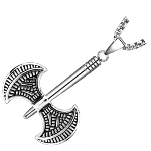 Silver vintage finish viking axe pendant with retro engraved patterns - left oblique side view showcasing axe head details