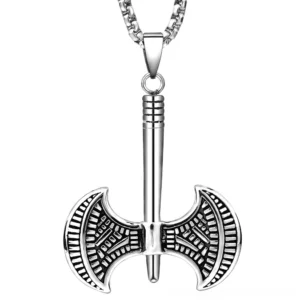 Viking double axe tomahawk stainless steel gothic pendant necklace - frontal flat lay view with intricate engraved details