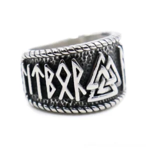 Vintage Viking Valknut stainless steel ring with twisted rope border and rune engravings, antique silver finish, left front close-up view on white background