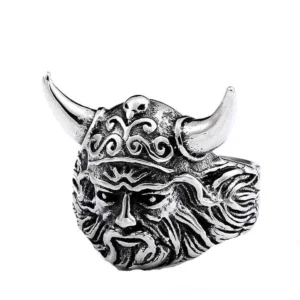 Horned Viking warrior head gothic ring stainless steel front view antique silver finish with intricate carving detail