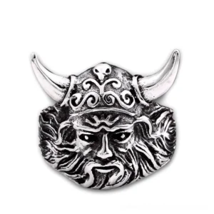 Detailed carved skull ornament on horned helmet Viking gothic ring top down perspective showing facial features