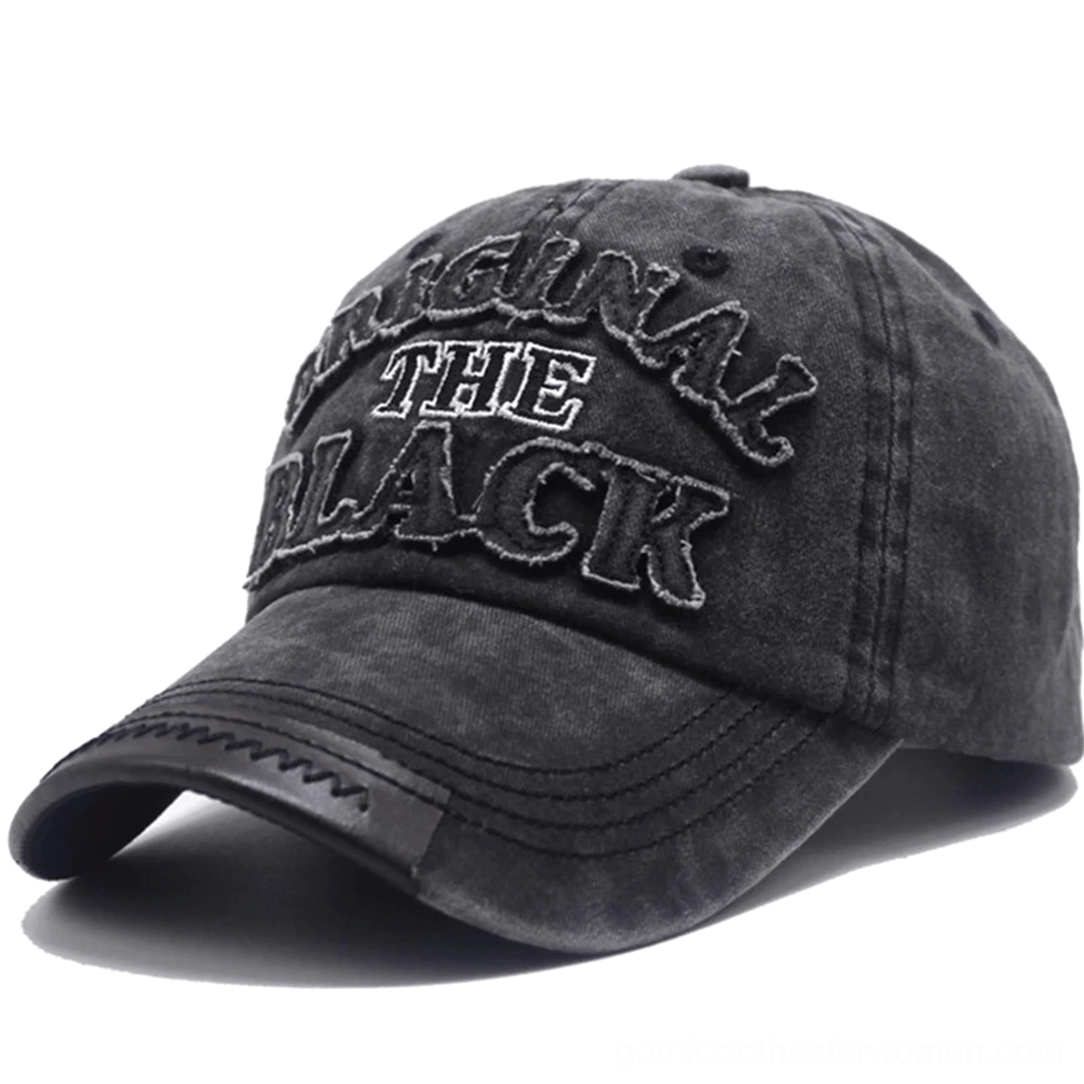 Charcoal gray washed cotton gothic cap with classic embroidered text front view