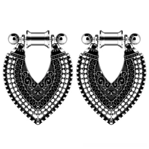 Pair of vintage gothic heart filigree ear tunnels with beaded borders in antiqued silver stainless steel, flat lay front view
