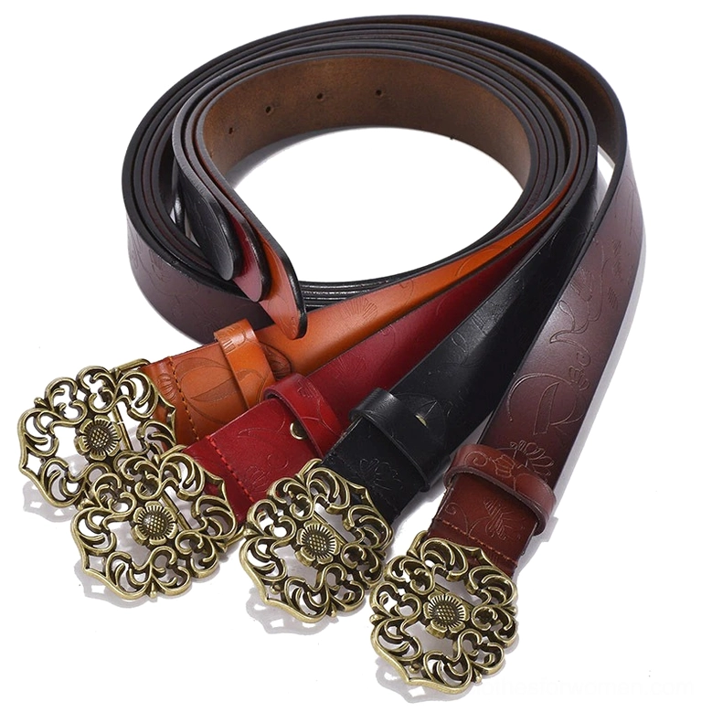 Four color variations of vintage leather gothic belts displaying black, coffee brown, red, and orange with matching geometric buckles, flat lay view