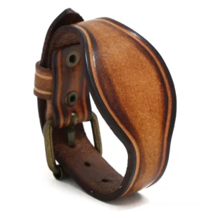Punk style brown leather bracelet front close-up - genuine leather with antique bronze adjustable buckle