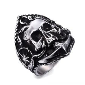 Vintage skull compass anchor ring with octopus tentacles and twisted rope detail – overhead view showcasing gothic nautical biker jewelry design