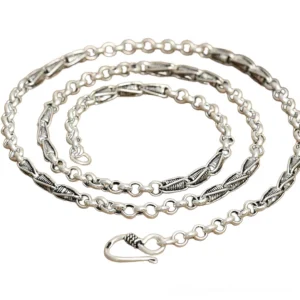 Full-length 925 sterling silver gothic chain necklace with coiled twisted links and hook clasp, overhead flat lay view