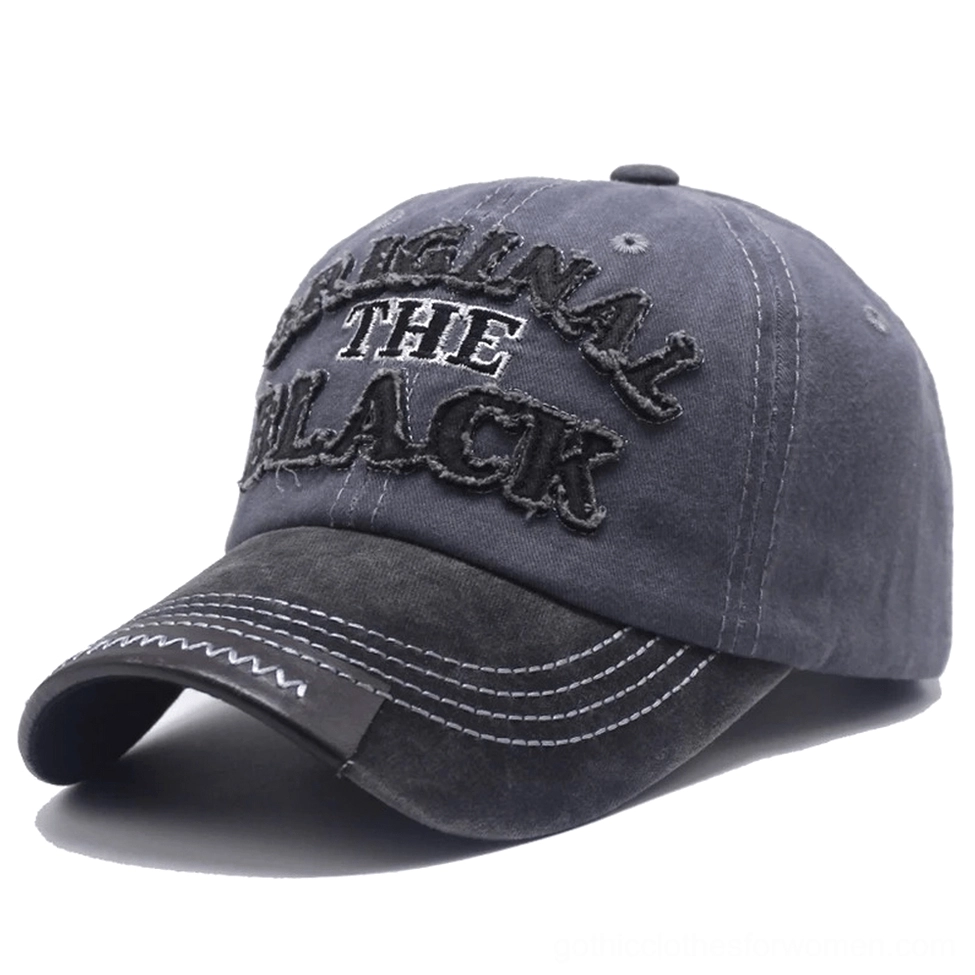 Two-tone gray gothic baseball cap with frayed embroidered logo front view distressed