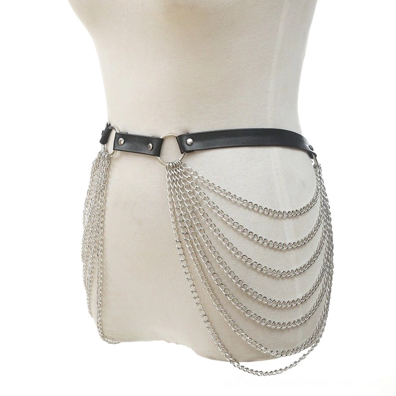 Gothic waist-only body harness with single leather belt double-sided chain tassels side front view