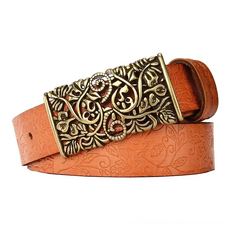 Tan and orange genuine leather gothic belts with ornate hollow flower buckles in multiple colors