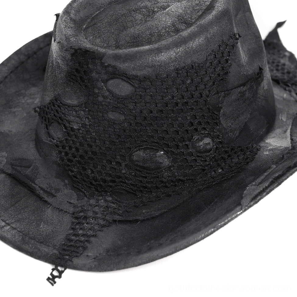 Black gothic cowboy hat demonstrating wasteland darkwear aesthetic and theatrical silhouette