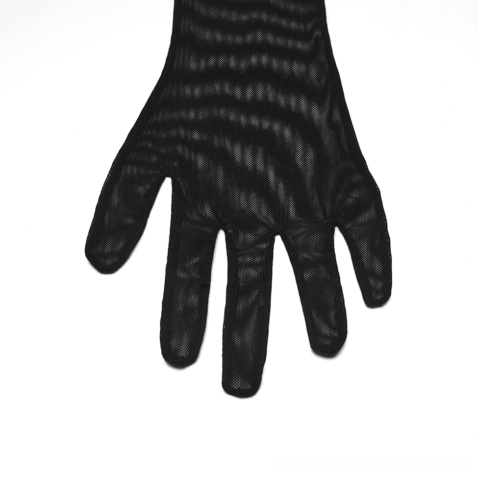 Close-up flat lay of wavy black mesh gothic gloves showing texture and full finger design on white background