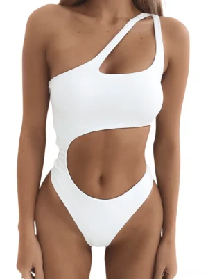 White asymmetrical monokini with waist cutout detail, front medium shot displaying gothic swimming bodysuit