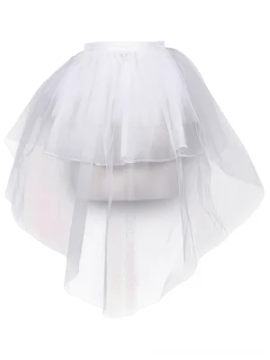 White asymmetrical layered tulle gothic mini skirt with elastic waistband, front oblique view on dress form
