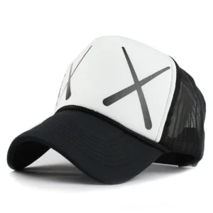 White and black gothic baseball cap with silver XX metallic print, alternative darkwave mesh trucker design, front angle product shot