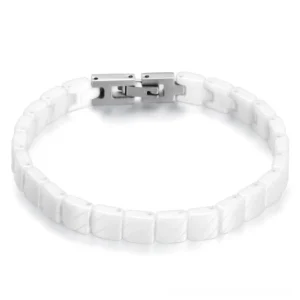 White matte ceramic link bracelet with smooth finish and silver toggle clasp, overhead view