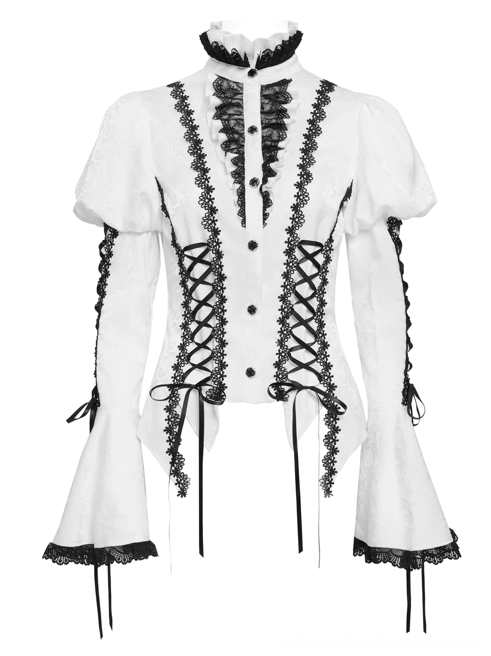 Gothic victorian corset blouse flat lay front showing ruffled lace collar, decorative front buttons, corset lacing system, and dramatic bell sleeves