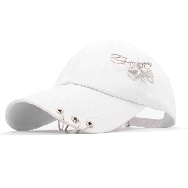 White gothic punk baseball cap with metal ring piercing and heart star charms - front view