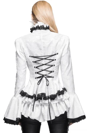 Back view of white victorian gothic blouse showing corset lace-up back design and black lace hem trim with ruffled high collar