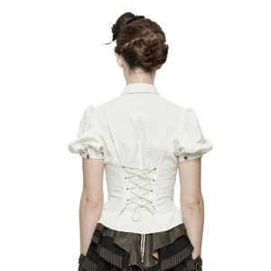 Back view of white steampunk blouse featuring adjustable lace-up corset closure, short puff sleeves, and gothic silhouette