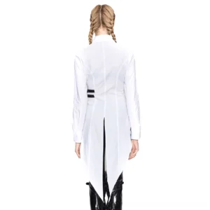 Back view of white gothic asymmetrical blouse featuring high-low split hem and back buckle strap harness detail
