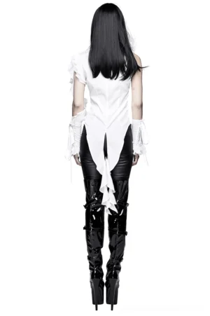 Back view of white gothic sleeveless blouse with wavy ruffles and extended tailed hemline, showing matching ruffled edge details