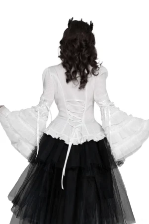 Back view of white gothic blouse displaying lace-up corset back design and dramatic trumpet sleeves with black ribbon ties