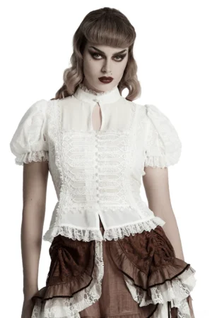 White Victorian gothic blouse front view with puff sleeves, embroidered lace panels, and pearl button placket detail