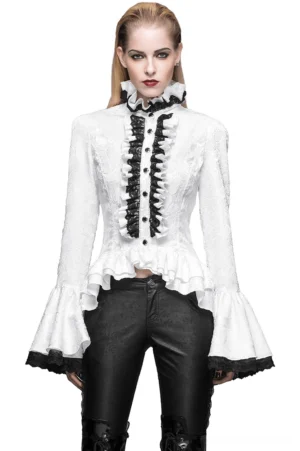 White gothic blouse with high ruffled collar and black lace accents, front view on model with flared sleeves and lace-trimmed placket