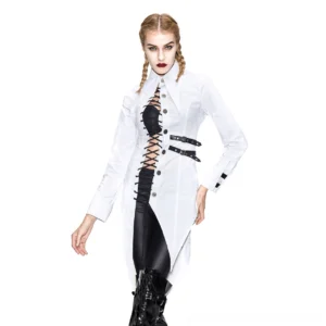 White gothic irregular blouse with lace-up front and dual buckle straps, worn by model in front three-quarter view showing asymmetrical hem detail