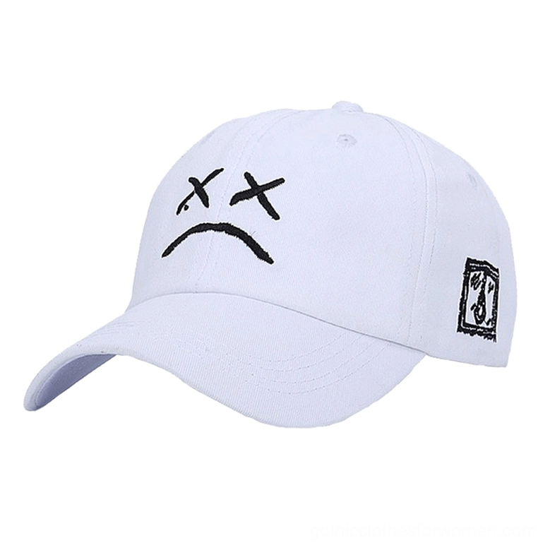 White gothic crying face baseball cap front view, unisex dark aesthetic cap with embroidered geometric patch, light colorway