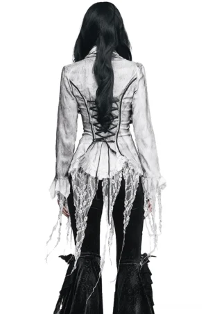 Gothic white chiffon blouse back view showing functional lace-up corset back design and tattered hem