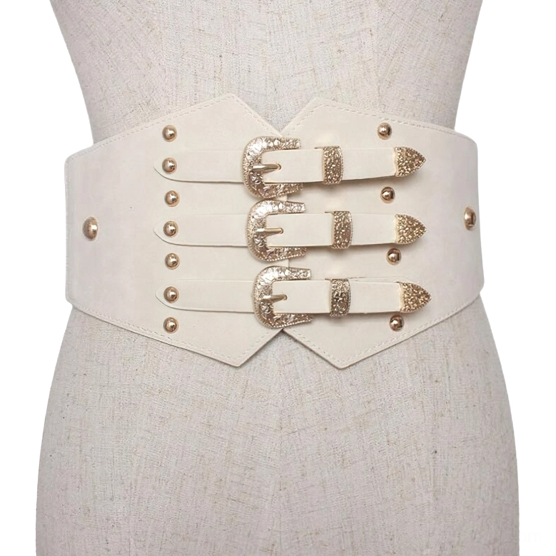 White wide PU leather corset belt with triple gold buckles and rivet detailing on dress form