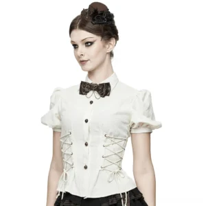 White gothic corset blouse with short puff sleeves, front lace-up waist, and bow tie detail on female model - steampunk alternative fashion