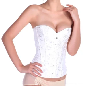 White lace jacquard corset with front hook fasteners, open shoulder design showcasing delicate floral pattern and architectural silhouette