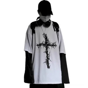 White gothic sweatshirt women with thorn cross print worn by model with backpack, front view indoor setting