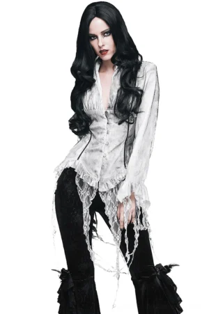 White gothic deep V chiffon blouse with lace-up back and distressed frayed hem, front oblique view on model