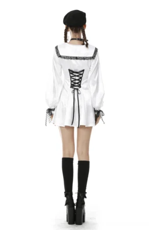 Gothic white satin dress with black lace-up corset back closure - rear full-body view