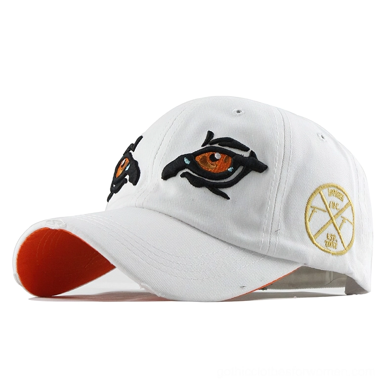 White gothic eagle eye embroidered baseball cap with orange brim front view alternative aesthetic