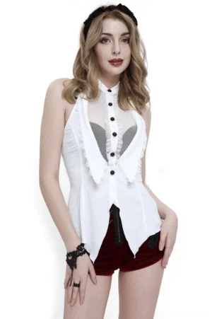 White gothic halter blouse with lace-up back front view on model, sleeveless design with black buttons and sheer mesh panel