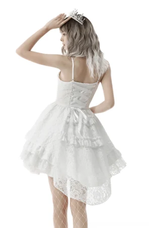 Back full-body view of gothic wedding dress featuring lace-up satin closure, decorative ribbon bow accent, and dramatic hi-low lace hem on model