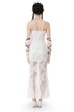 White gothic lace dress back view showing spaghetti straps and smocked waist detail
