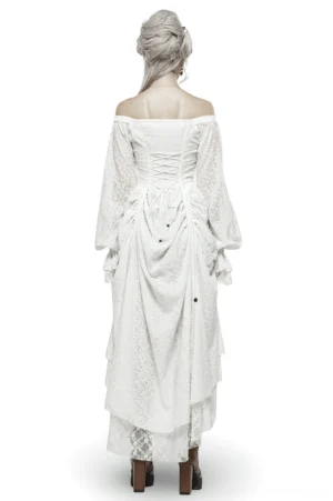 White Gothic Steampunk Lace Dress - Back View Showing Lace-Up Design and Asymmetrical Hemline