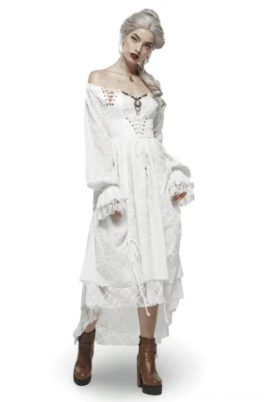 White Victorian Gothic Lace Dress with Lantern Sleeves - Front Three-Quarter View on Female Model