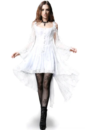 White gothic high-low lace dress with sheer sleeves front view on female model
