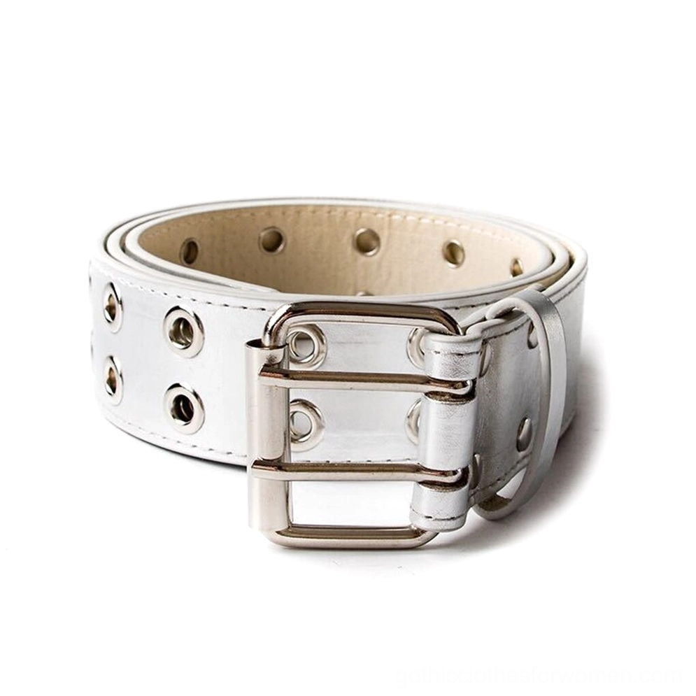 White PU leather gothic belt with double pin buckle and metal eyelets, side angle flat lay